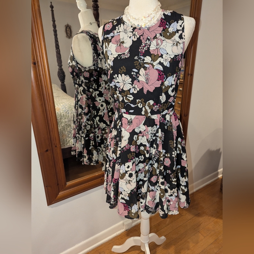Maison Jules Black Midi Dress with Pink & White Floral Print